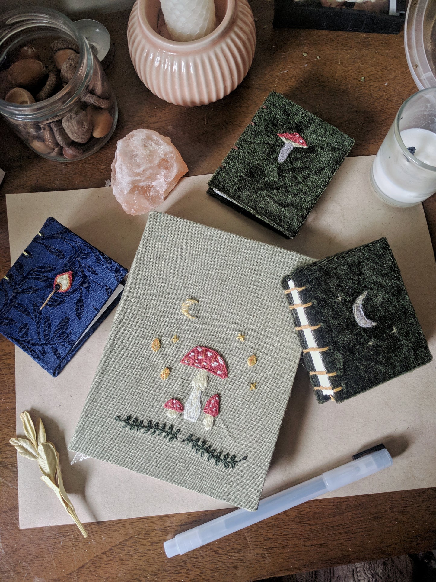 small (5.5x4.25 in) mushroom night sky embroidered book - 48 blank pages