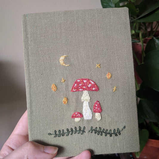 small (5.5x4.25 in) mushroom night sky embroidered book - 48 blank pages