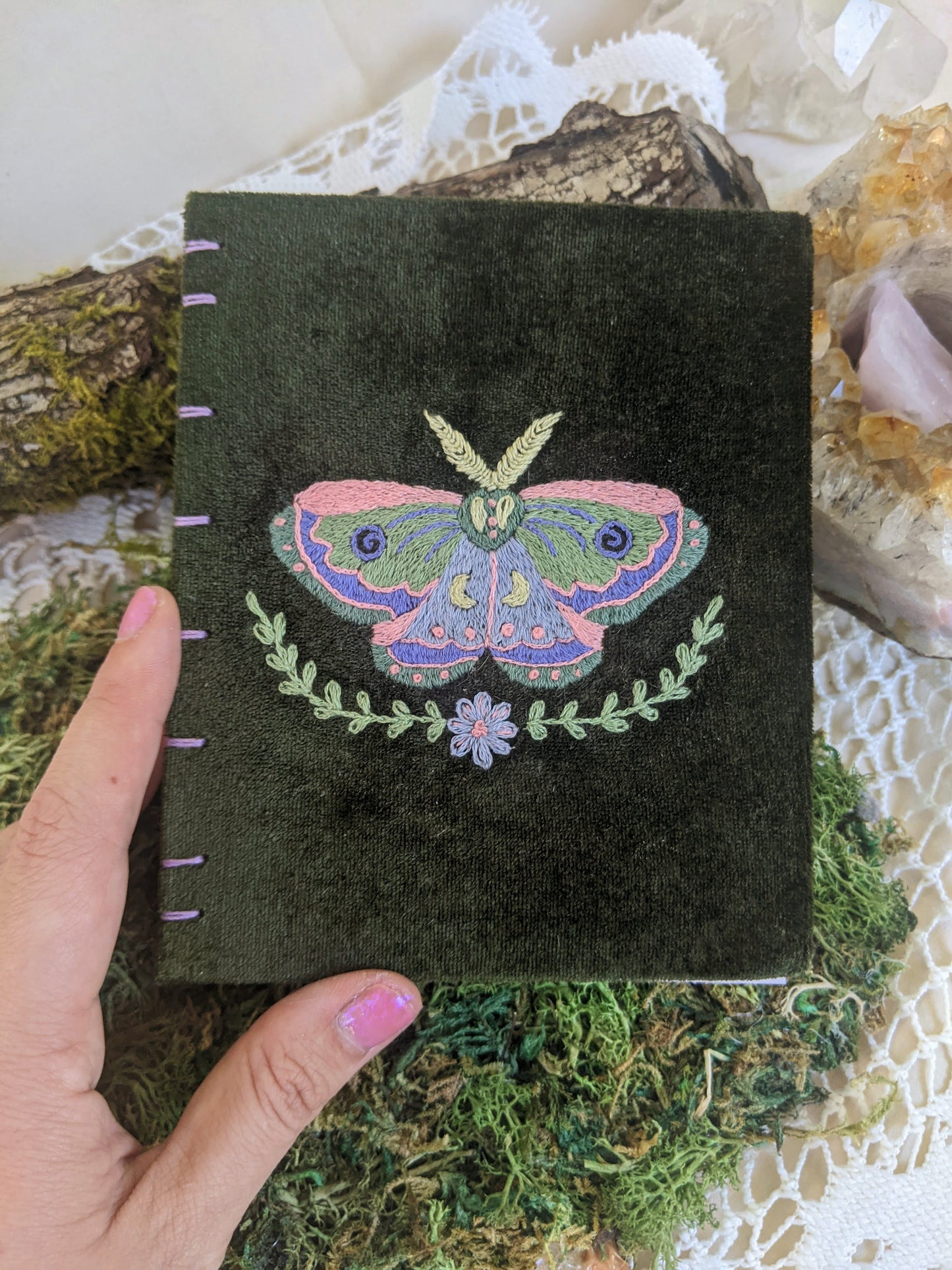 hand embroidered book moth - 56 blank white pages
