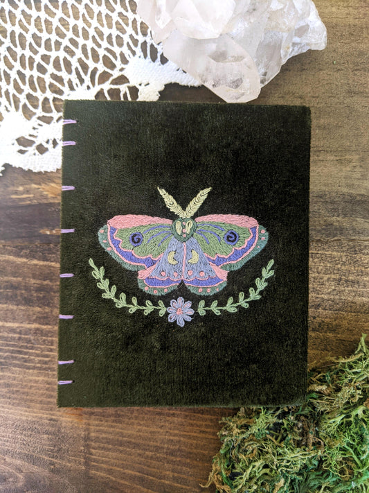 hand embroidered book moth - 56 blank white pages